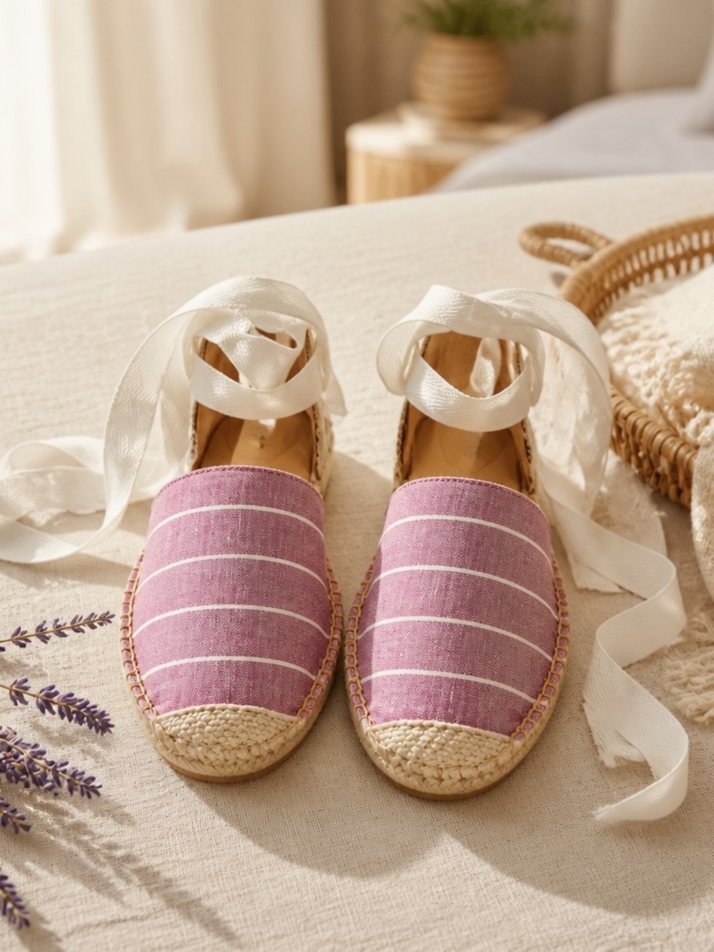 Talbots Lavender Striped Espadrille Sandals with White Ankle Tie Size 8 - Picture 4 of 13